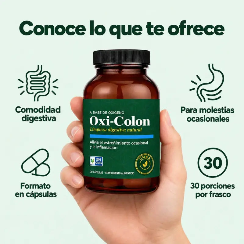 Conoce lo que te ofrece Oxi-Colon: comodidad digestiva, formato en cápsulas y 30 porciones por frasco.