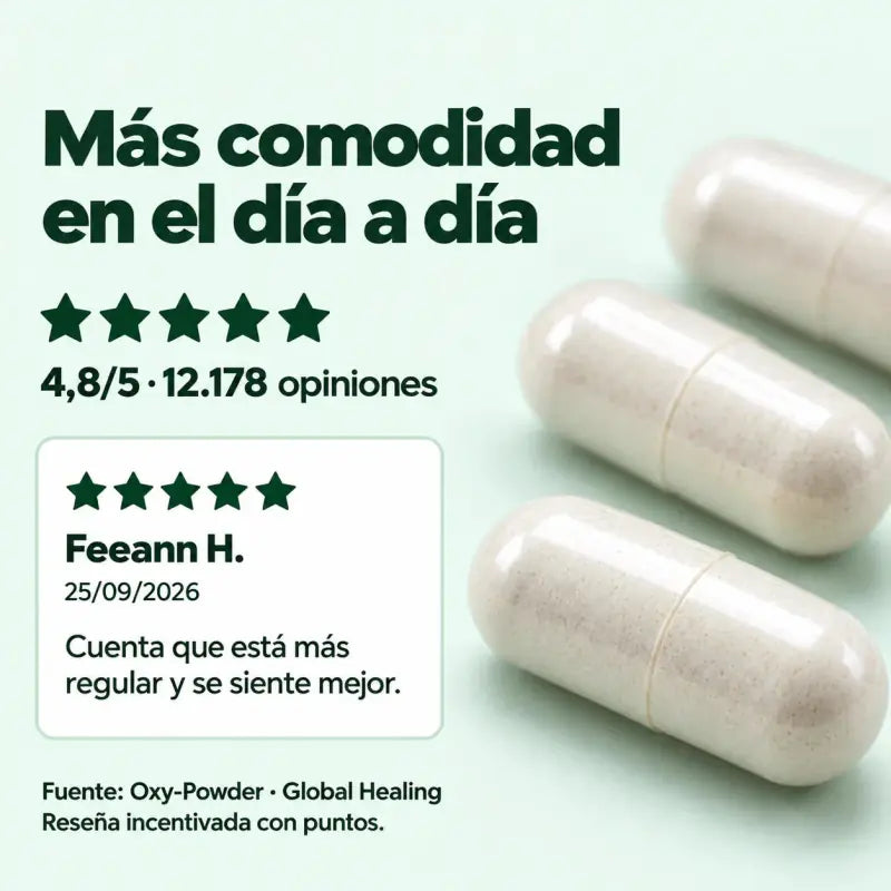 Más comodidad en el día a día. 4,8 de 5 y opinión de Feeann H. Fuente: Oxy-Powder de Global Healing. Reseña incentivada con puntos.