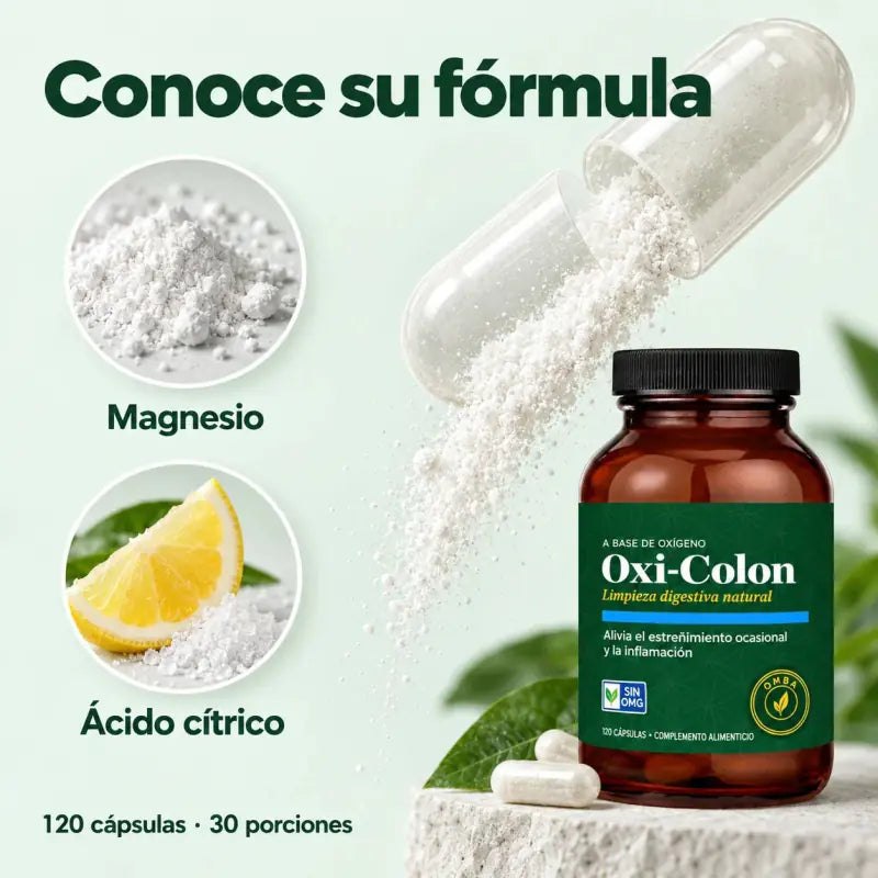 Conoce la fórmula de Oxi-Colon: magnesio y ácido cítrico. 120 cápsulas y 30 porciones por frasco.