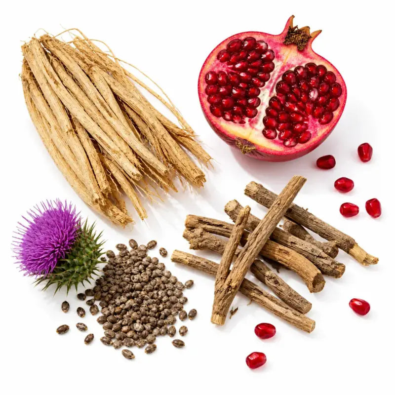 Ingredientes botánicos de Perimeno: shatavari, granada, cardo mariano y ashwagandha