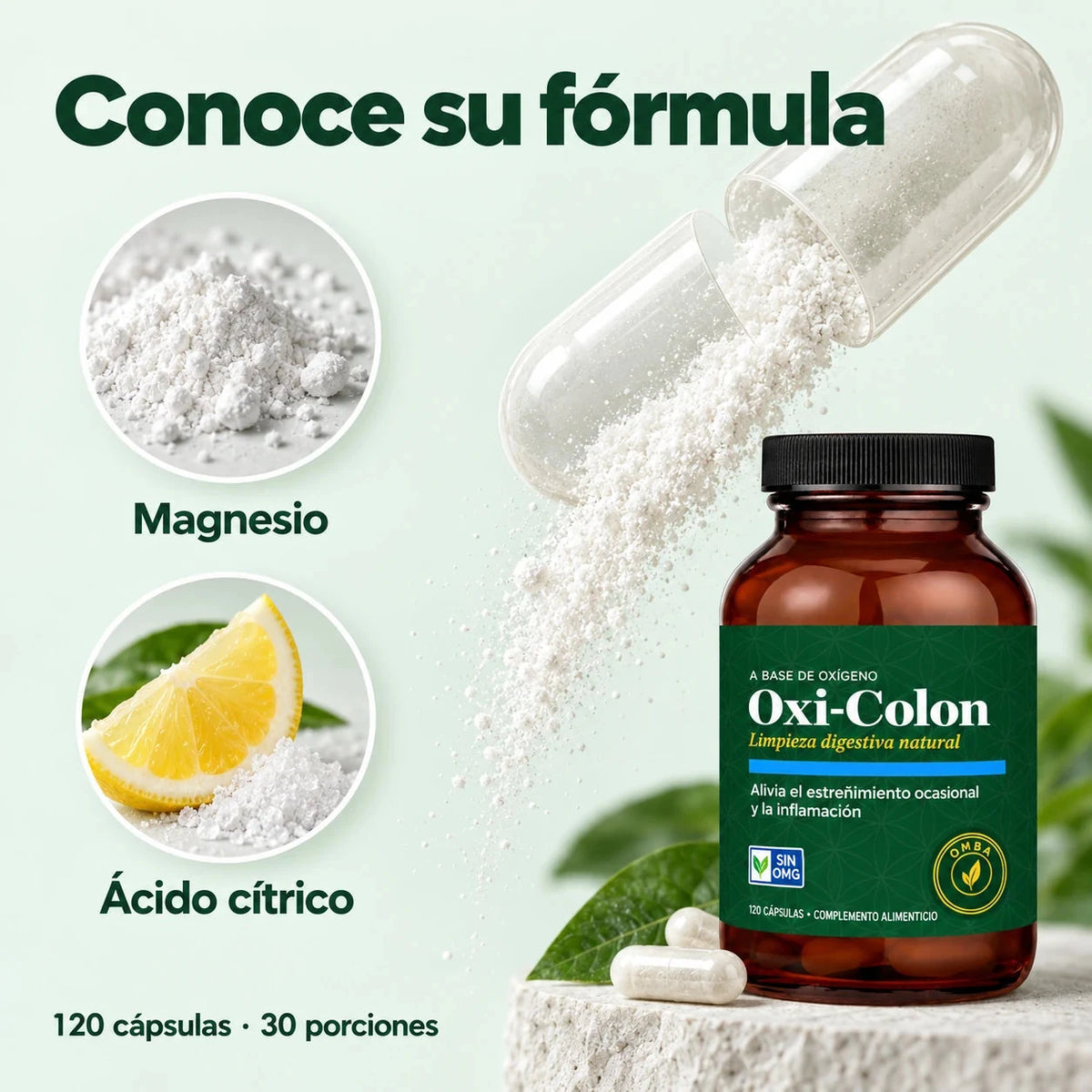 Conoce la fórmula de Oxi-Colon: magnesio y ácido cítrico. 120 cápsulas y 30 porciones por frasco.