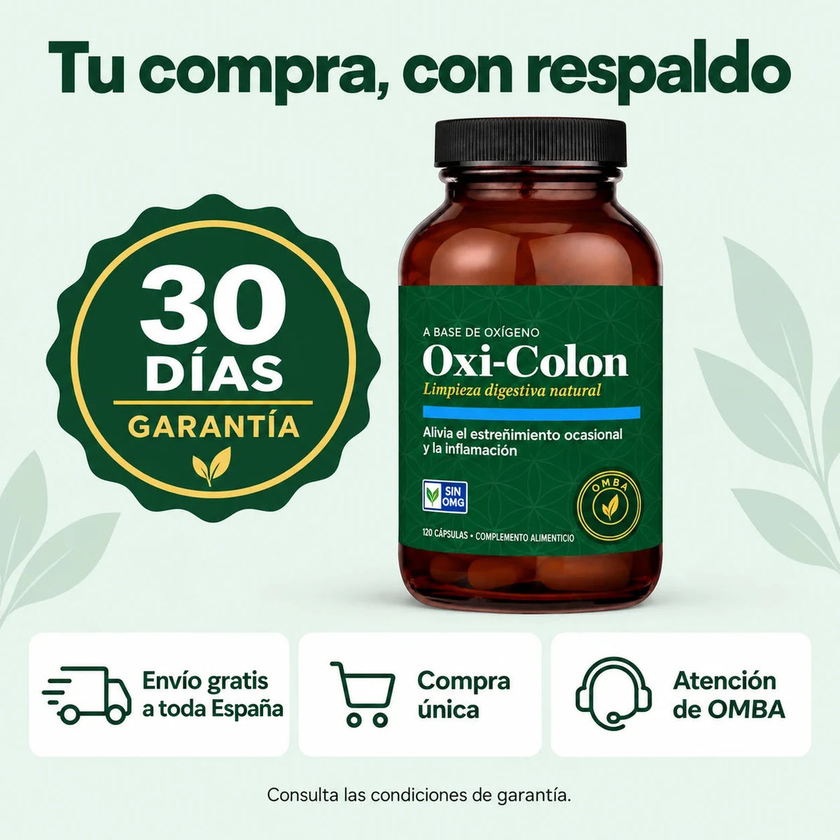 Tu compra con respaldo: garantía de 30 días, envío gratis a toda España, compra única y atención de OMBA. Consulta las condiciones de la garantía.