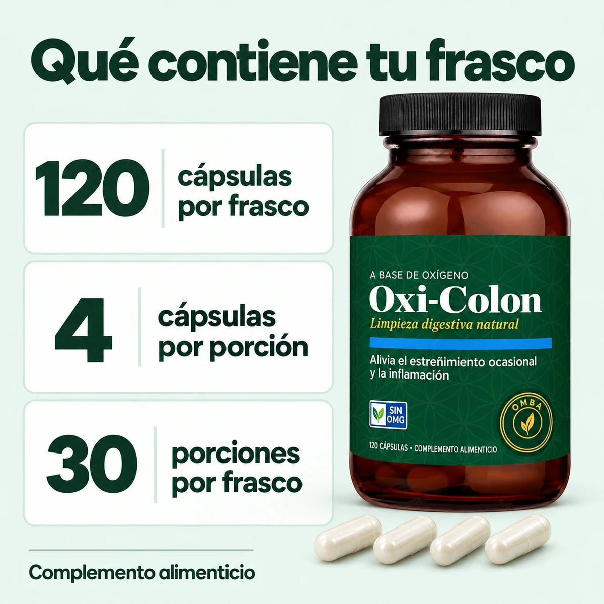 Qué contiene tu frasco: 120 cápsulas, 4 cápsulas por porción y 30 porciones por frasco. Complemento alimenticio.