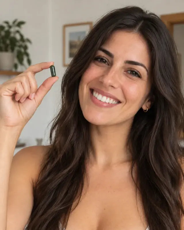 Mujer sonriente con una cápsula de OMBA