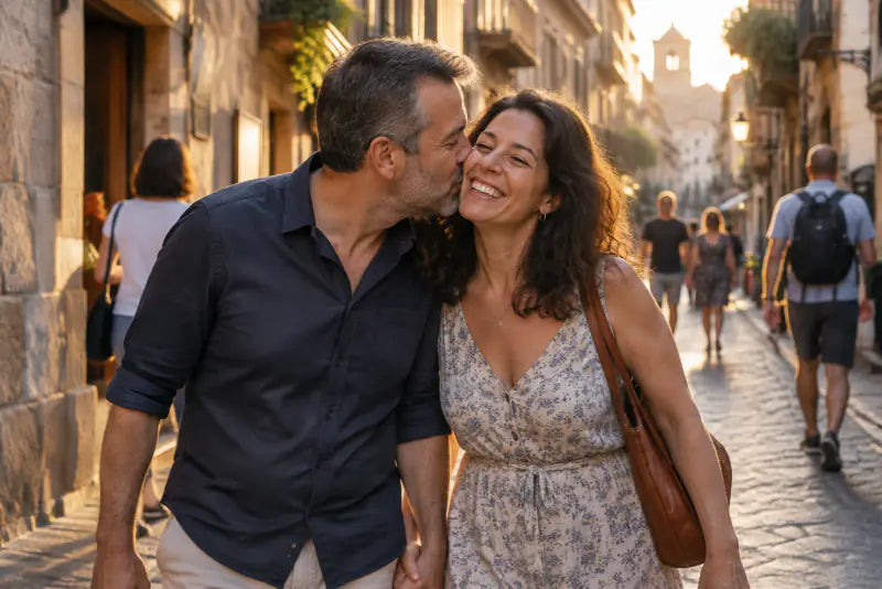 Pareja de unos 45 años paseando de la mano por el casco antiguo; él le da un beso en la mejilla