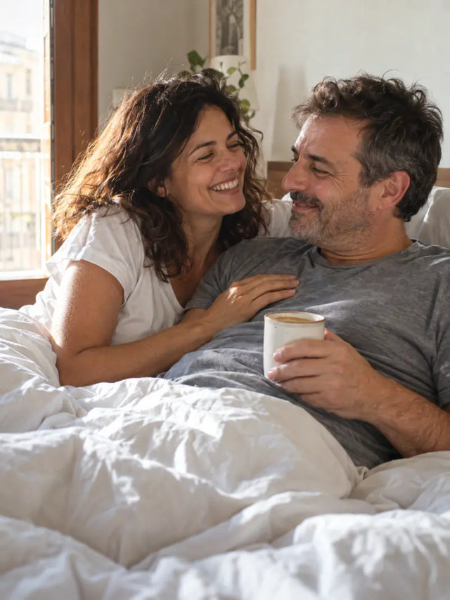 Pareja de unos 45 años riendo en la cama un domingo por la mañana, con café