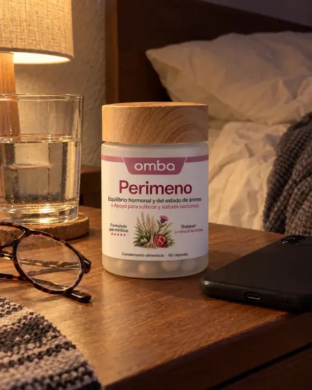 Frasco de OMBA Perimeno en la mesita de noche