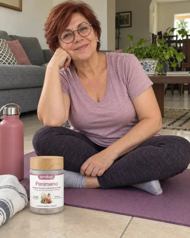 Mujer en su esterilla de yoga con OMBA Perimeno