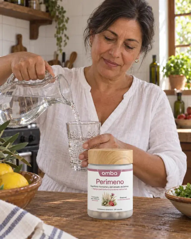 Mujer en su cocina con OMBA Perimeno en la mesa